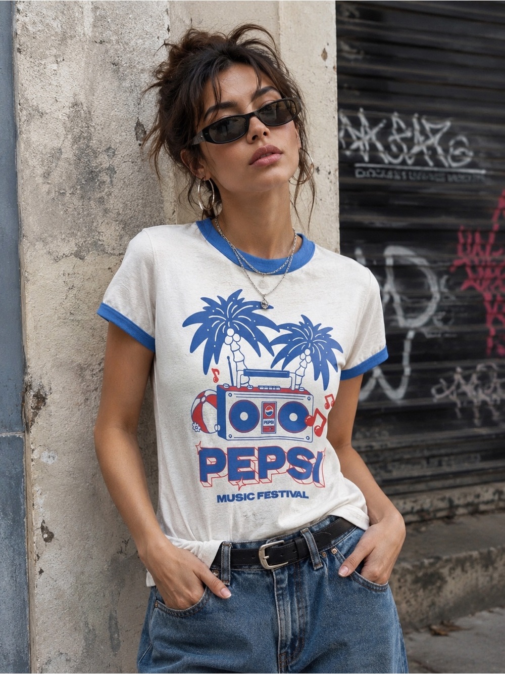 Pepsi NWT Vintage-inspired Music Festival ringer tee with retro boombox graphic
